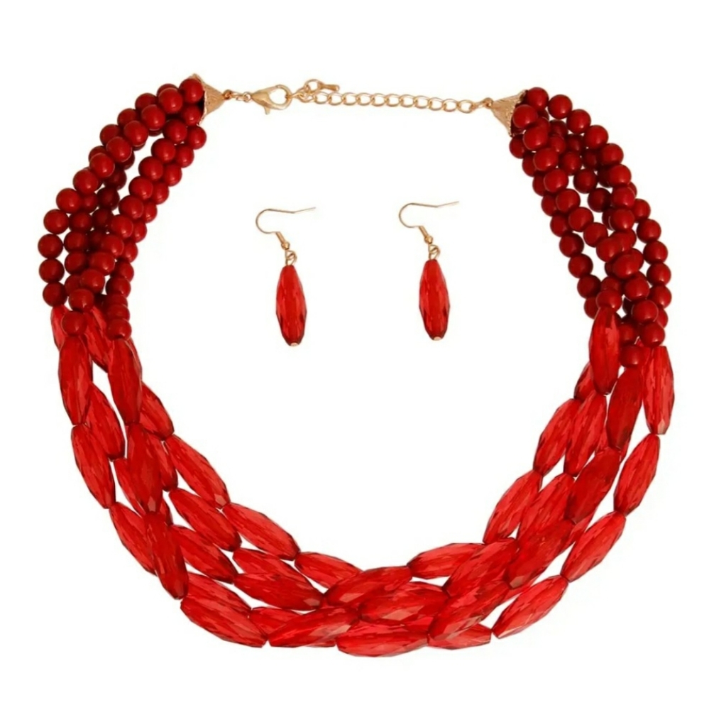 Burgundy Glass Bead 5 Strand Necklace Set, 19 inches long